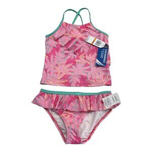Nautica Swimsuit Girls 7 Pink Palm Tree Print Bikini Tank Vacation Tropical